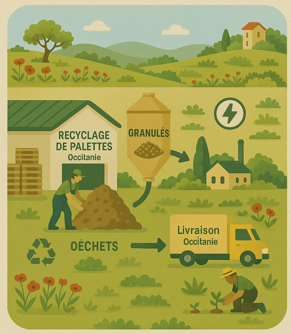 Illustration montrant le processus de recyclage des palettes en Occitanie, avec un homme regroupant des déchets, un entrepôt, un contenant à granulés, une livraison, et un autre homme plantant une jeune plante dans un paysage rural.