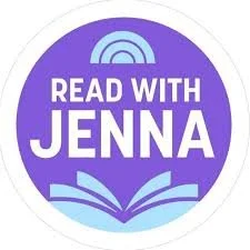 Purple circular badge with a rainbow, an open book, and the text 'READ WITH JENNA' in white.