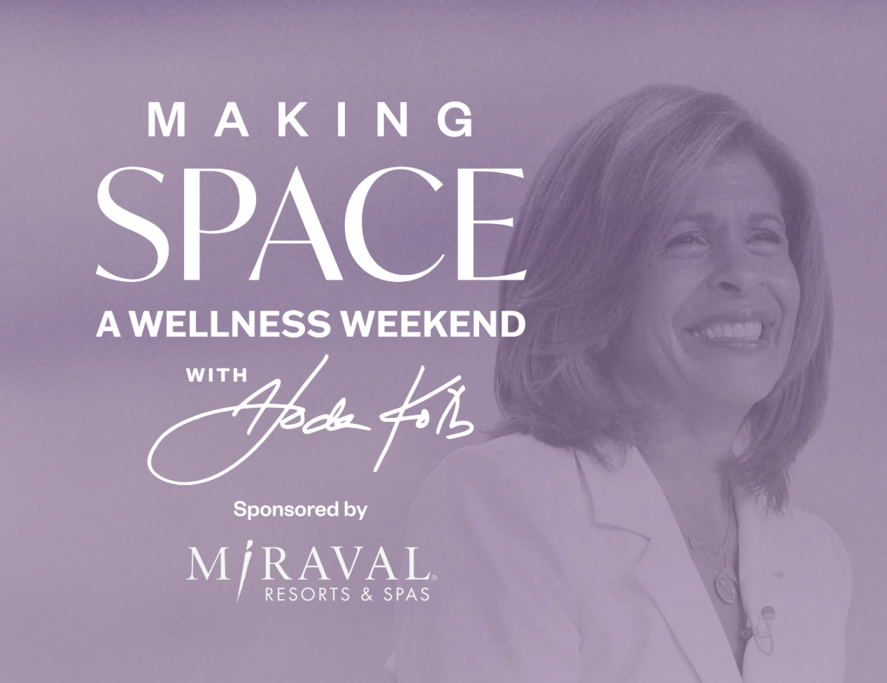 Event poster for 'Making Space: A Wellness Weekend with Oprah Winfrey,' sponsored by MӕRAVAL Resorts & Spas, featuring a photo of Oprah Winfrey on a purple background.