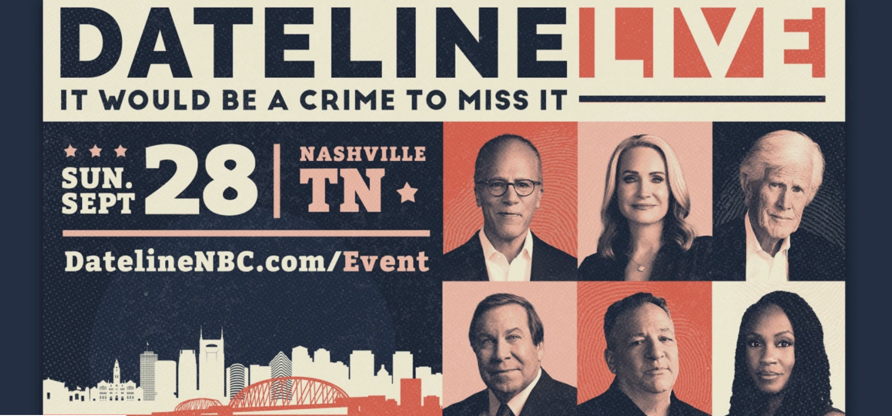 Event poster for Dateline NBC event in Nashville, Tennessee on Sunday, September 28. Features photos of six diverse news anchors, with city skyline and bridge graphic at the bottom.