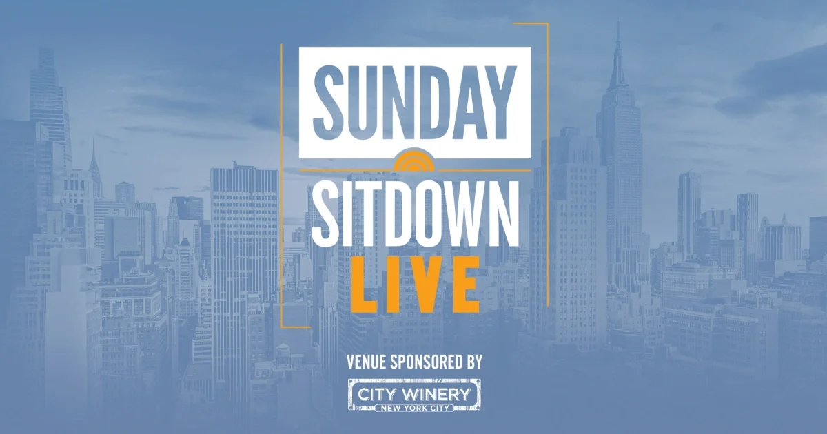 A promotional graphic for Sunday SitDown Live featuring a city skyline background. The event is sponsored by City Winery, New York City.