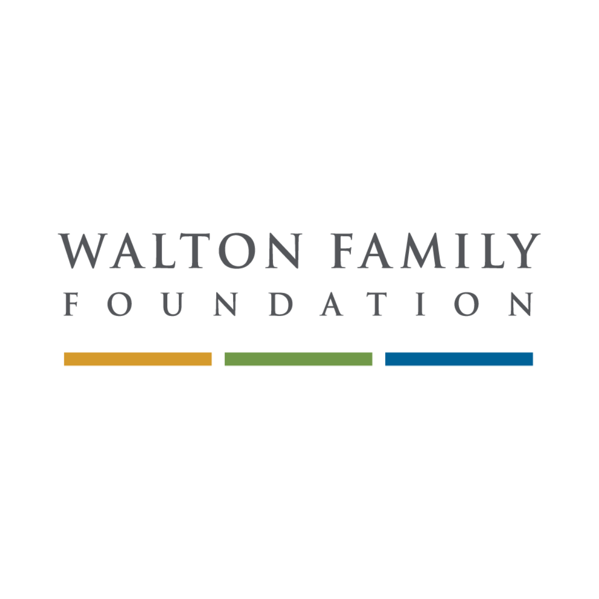 Logo of Walton Family Foundation with text and colored bars in gold, green, and blue.