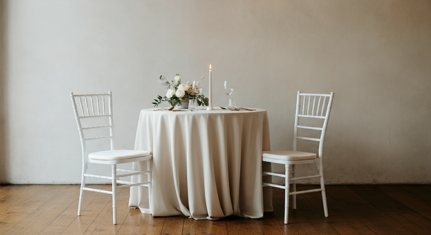 A round table with a white tablecloth, set for two with a floral centerpiece, a lit candle, two wine glasses, and cutlery, flanked by two white chairs, against a plain beige wall.