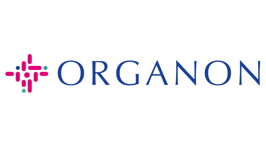 The image features the logo of Organon, which includes a stylized pink and teal geometric symbol to the left and the word 'Organon' in blue text to the right.