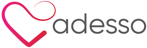 Adesso logo featuring a pink heart outline and the word 'adesso' in lowercase gray letters.