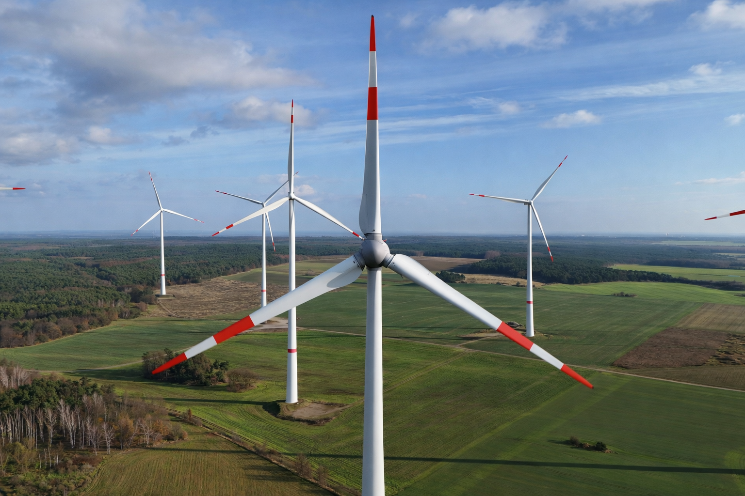 Mehrere Windräder auf einer grünen Landschaft unter einem blauen Himmel mit Wolken