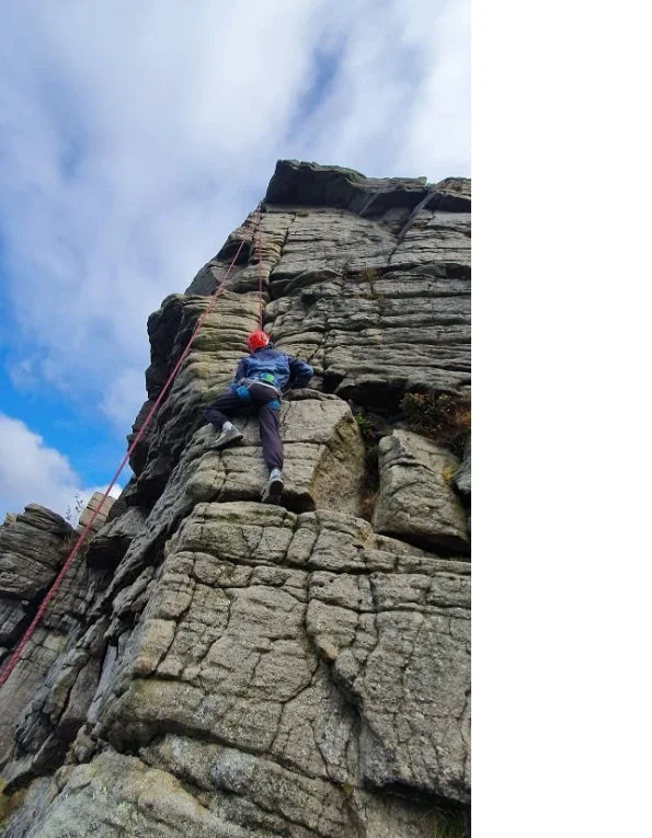 Two people climbing a steep rocky cliff with rock climbing gear, and a backpack at the bottom.