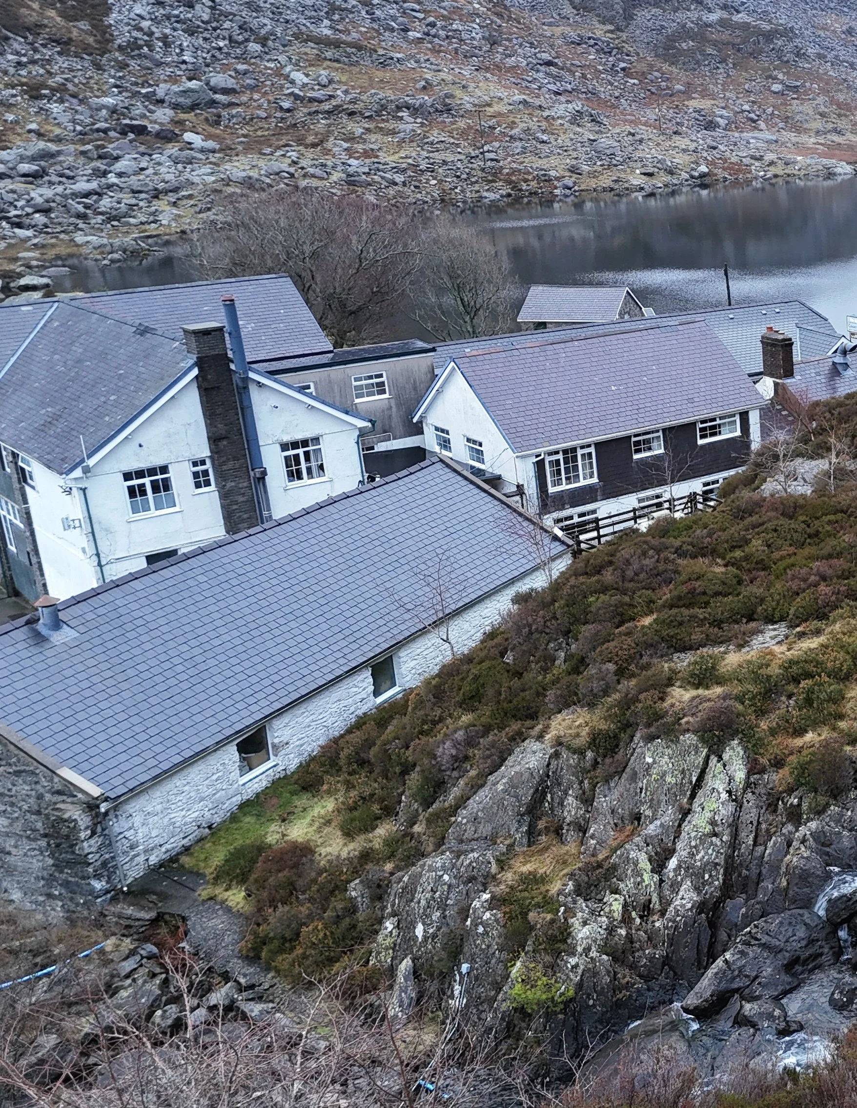 A hillside with rocks and bushes overlooking a group of houses near a lake.