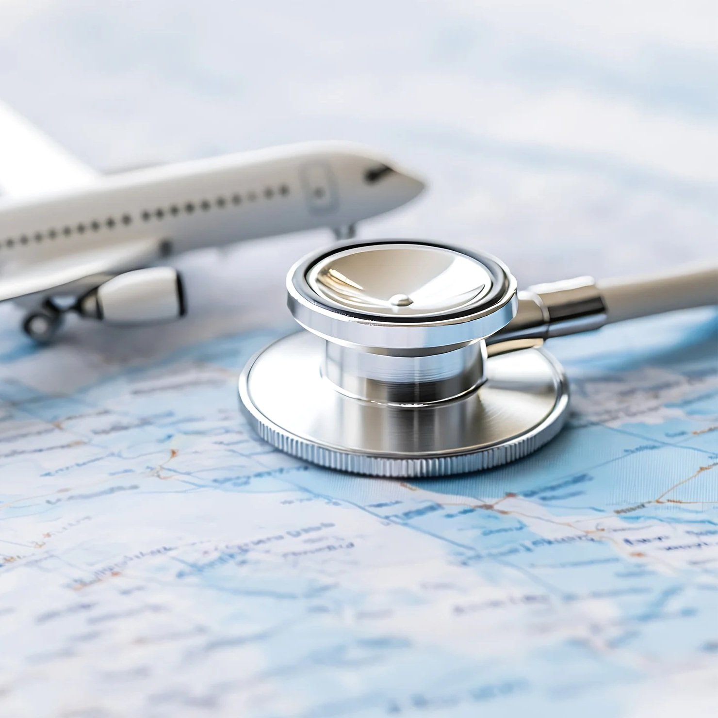 A stethoscope placed on a world map with an airplane model in the background.