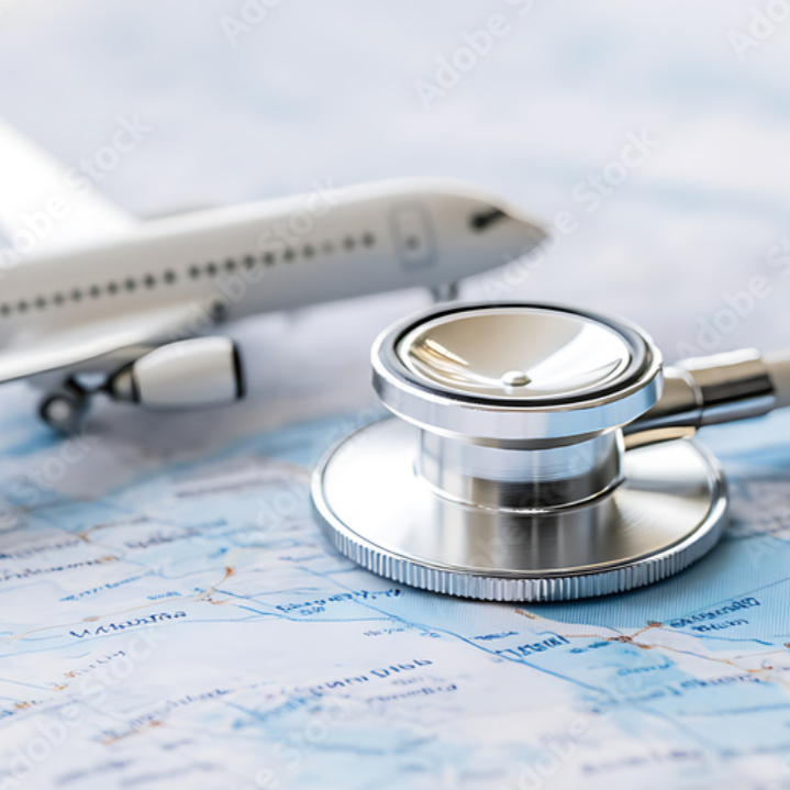 Stethoscope on a map with an airplane model in the background, representing travel health or medical care for travelers.