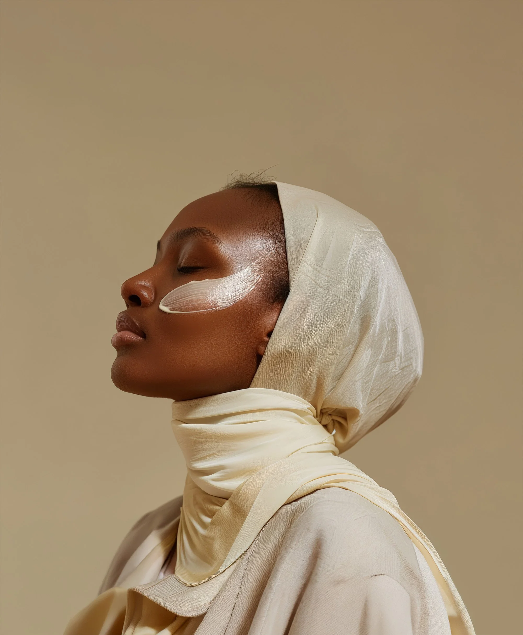 A woman with closed eyes, wearing a cream-colored headscarf and matching clothing, with white lotion on her cheek, against a plain beige background.