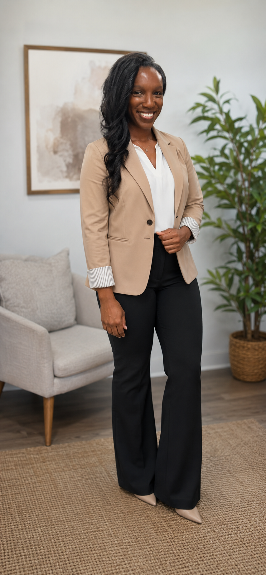 A confident African American woman in business attire standing in a modern office or living room with a sofa, a framed abstract painting on the wall, a potted plant, and a woven floor rug.