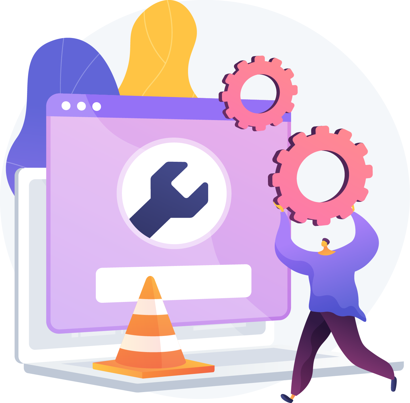 Illustration of a wrench and road cone on a laptop with technical support bringing help.