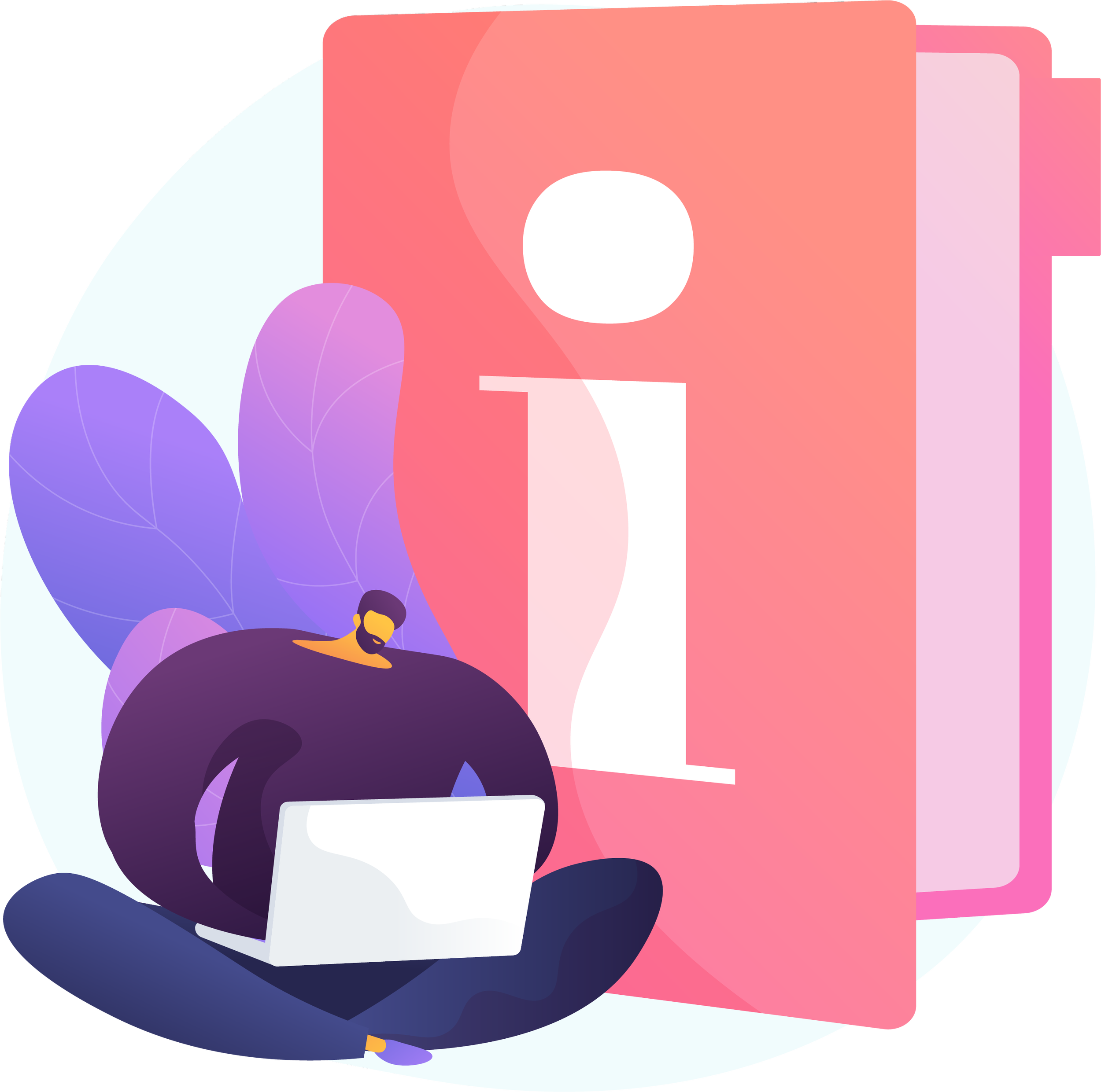 Illustration of man on laptop infront of a book with a large "i" on it.