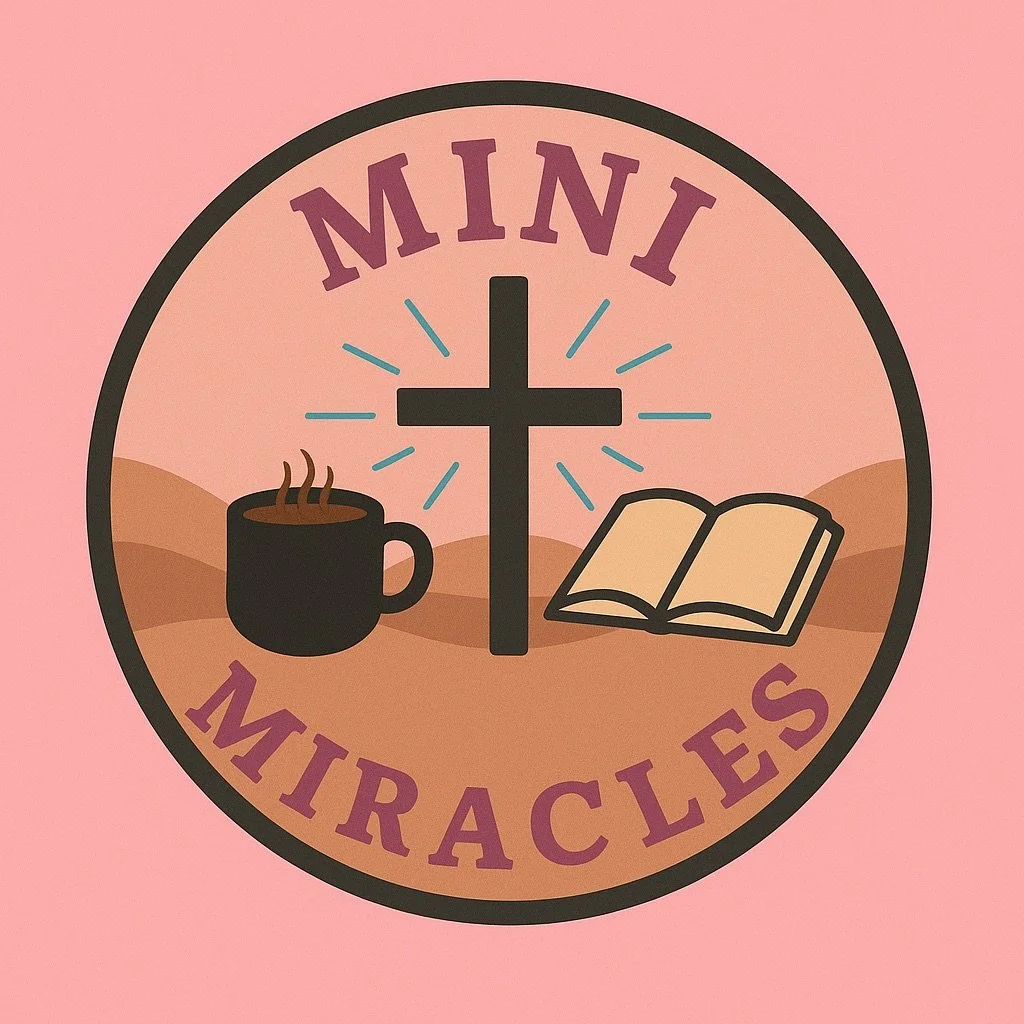 A logo with the words 'Mini Miracles' surrounding a cross, a steaming coffee mug, and an open Bible, set against a pink background.
