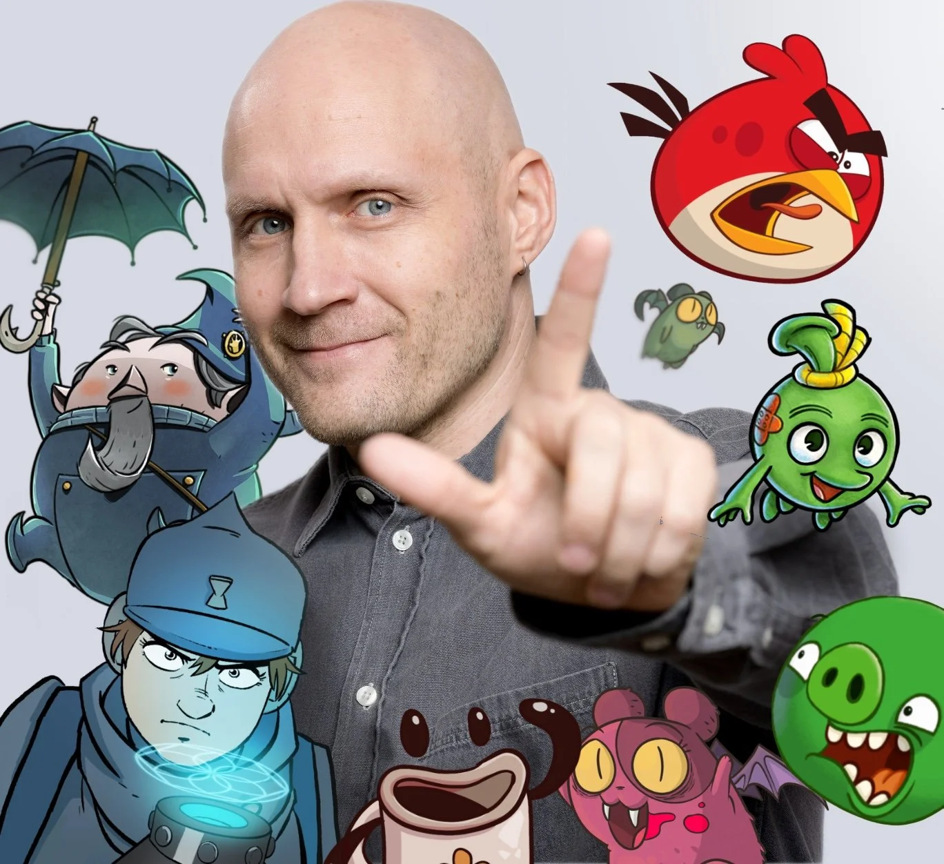 Lauri Konttori – Creative Director, surrounded by characters from story-driven IPs he has helped create, such as Angry Birds, Dream Heroes, and Big Bang Legends.