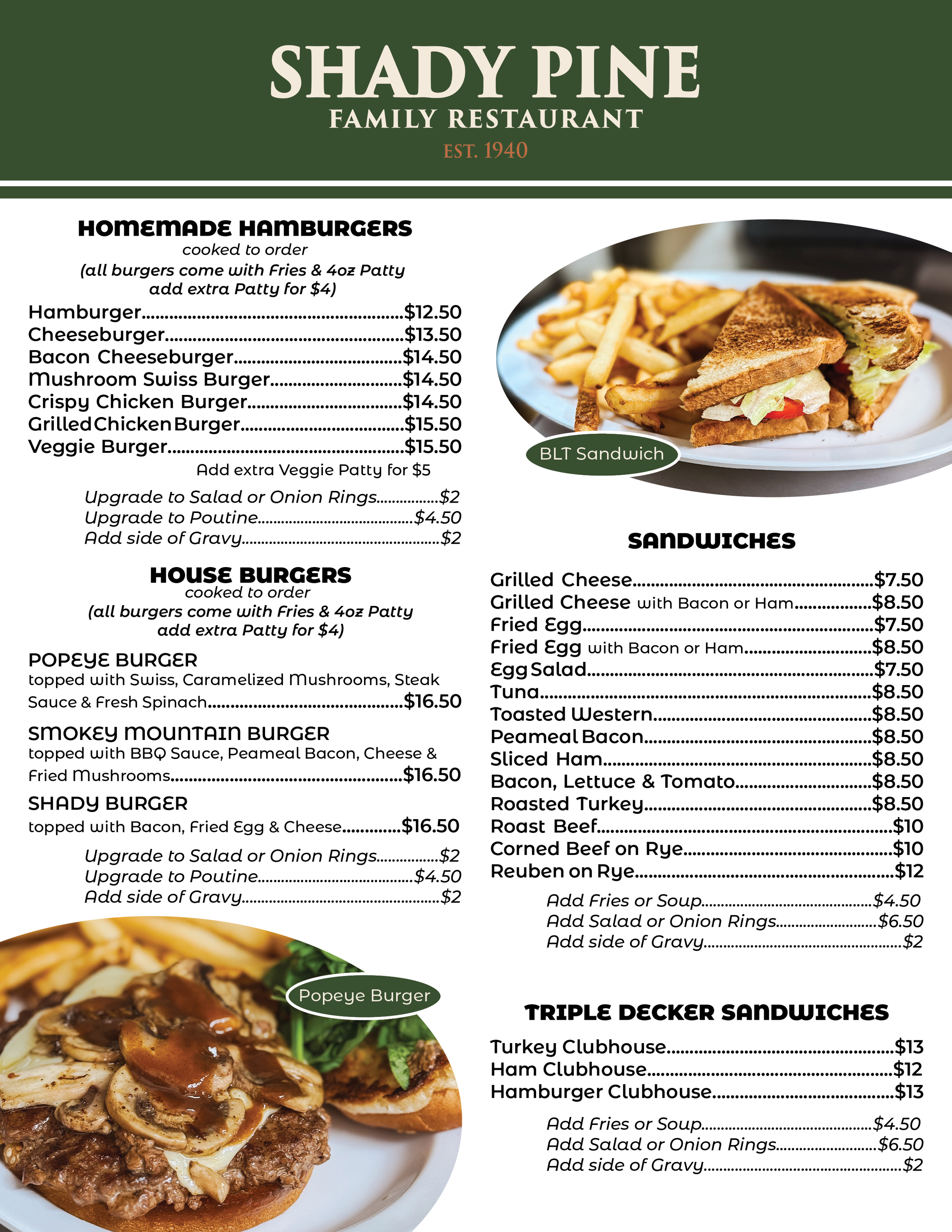 Menu for Shady Pine Family Restaurant with sections for homemade hamburgers, house burgers, sandwiches, and triple decker sandwiches. Includes images of a BLT sandwich and a Popeye burger.