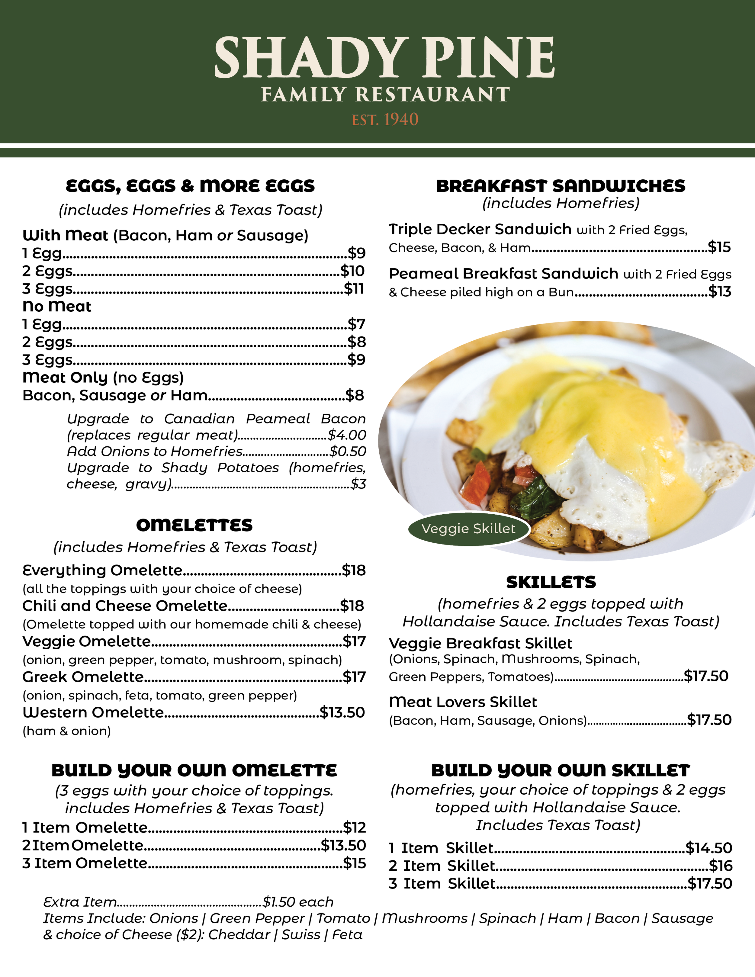 Menu from Shady Pine Family Restaurant featuring breakfast options such as eggs, omelettes, and build-your-own omelette and skillet choices, along with breakfast sandwiches, with prices and descriptions.