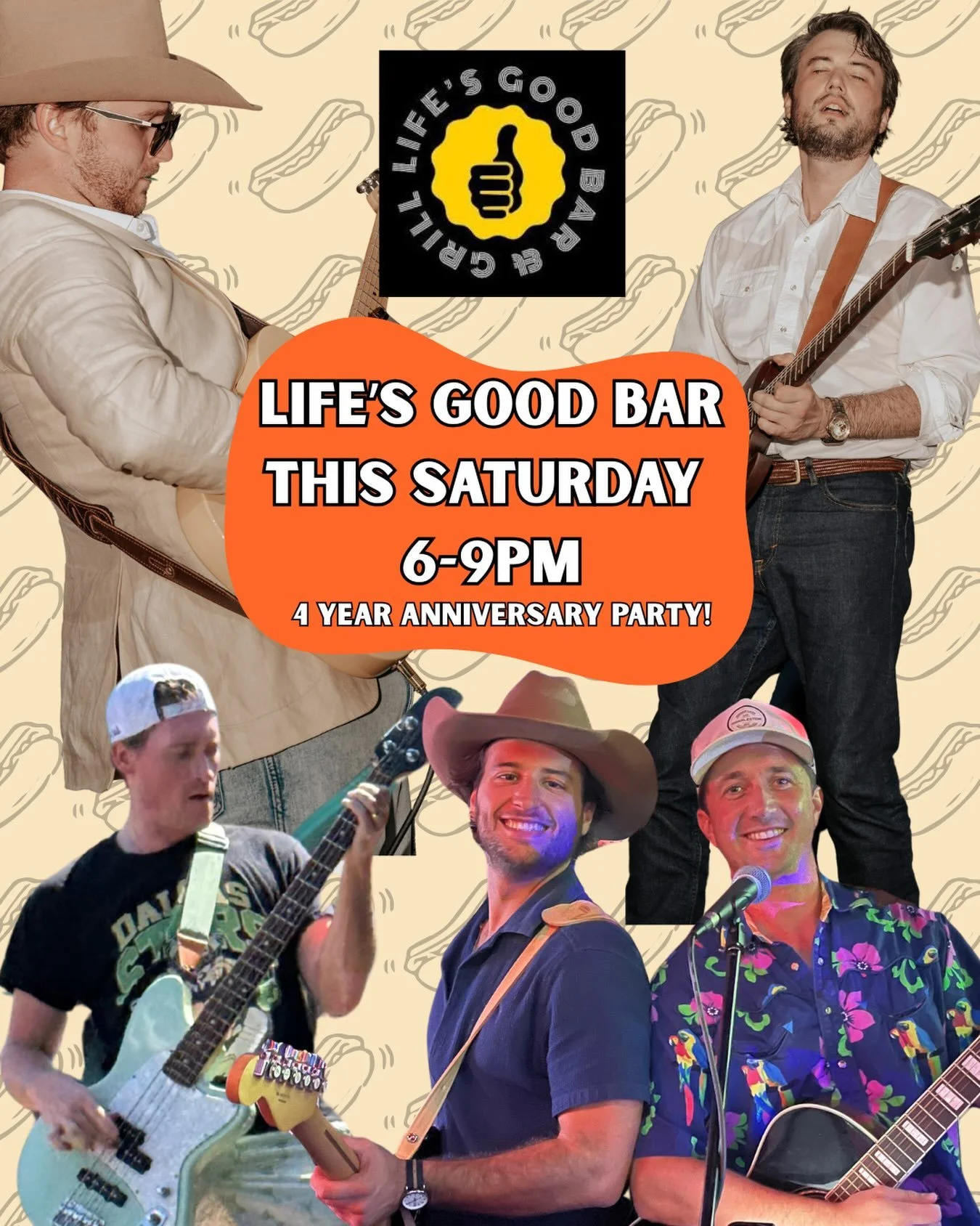 THIS Saturday is the year&rsquo;s BIGGEST anniversary party at none other than @lifesgooddtx thrown by @thecalvincollins!

The Meat Sweats will be performing 6-9pm Golden Hour set, so get your buns ready for an evening of fun with the Brisket Boys!

