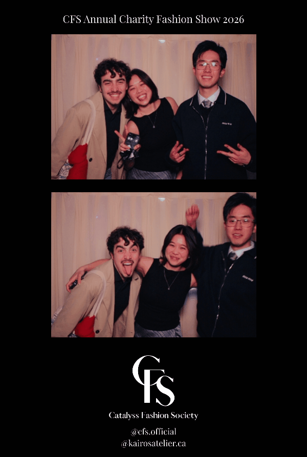 Two photos from the CFS Annual Charity Fashion Show 2026 featuring three young adults posing happily against a beige curtain backdrop, with logos and text overlay for Catalyst Fashion Society.