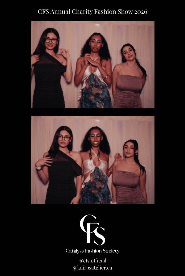 Group of three young women in dresses at CFS Annual Charity Fashion Show 2026, posing in front of a curtain.