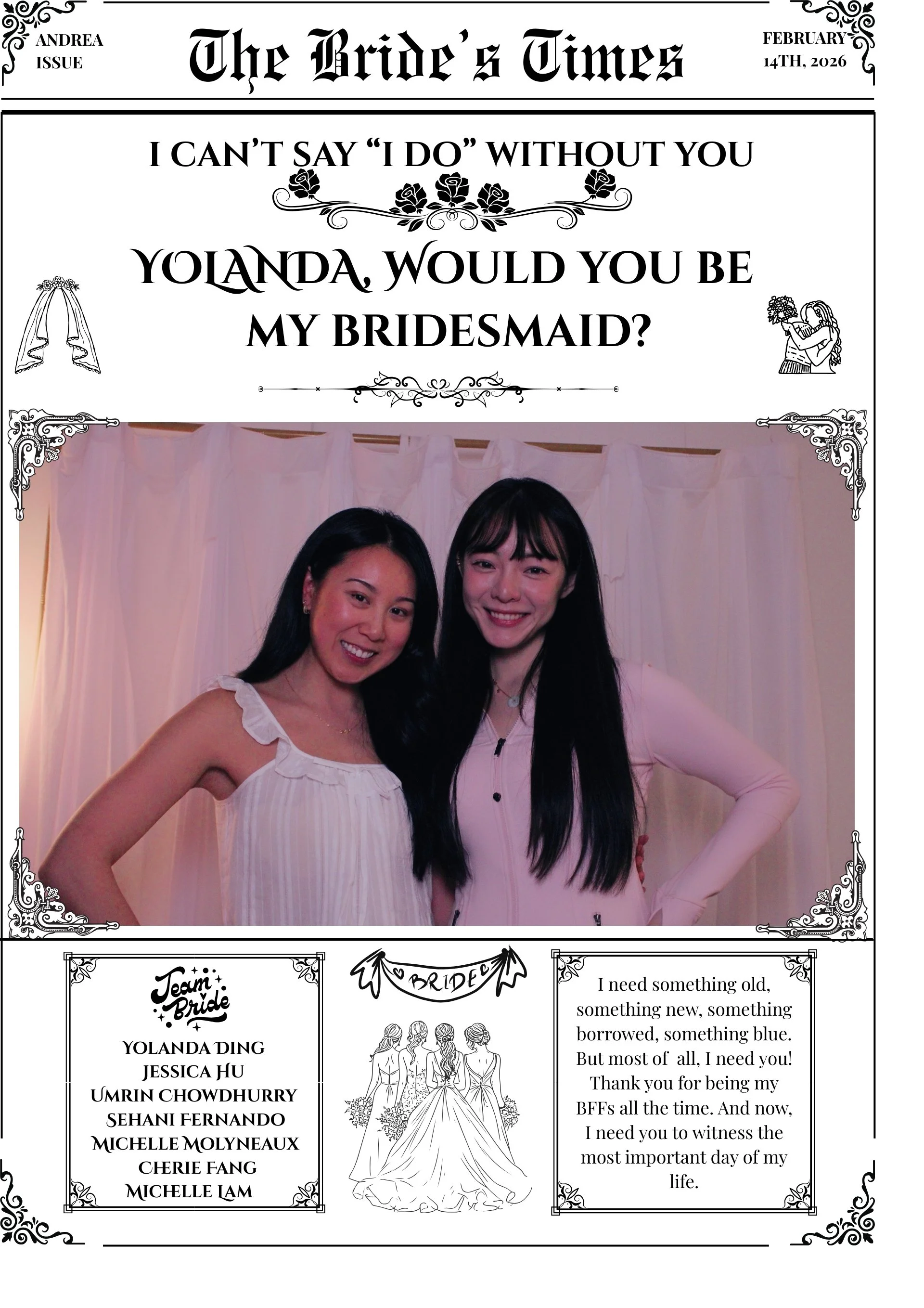 A bridal shower or wedding invitation featuring a photo of two women smiling, with one in a sleeveless white top and the other in a long-sleeved pink top, set against a pale pink curtain backdrop. The invitation contains playful and heartfelt messages, with decorative elements like floral motifs, a bridal illustration, and text indicating it is from the bride, Yolanda Ding. The top of the invitation reads 'The Bride's Times' and the text includes a humorous marriage proposal asking Yolanda to be a bridesmaid, along with a list of bridal party members and a heartfelt message about friendship and the importance of the wedding day.