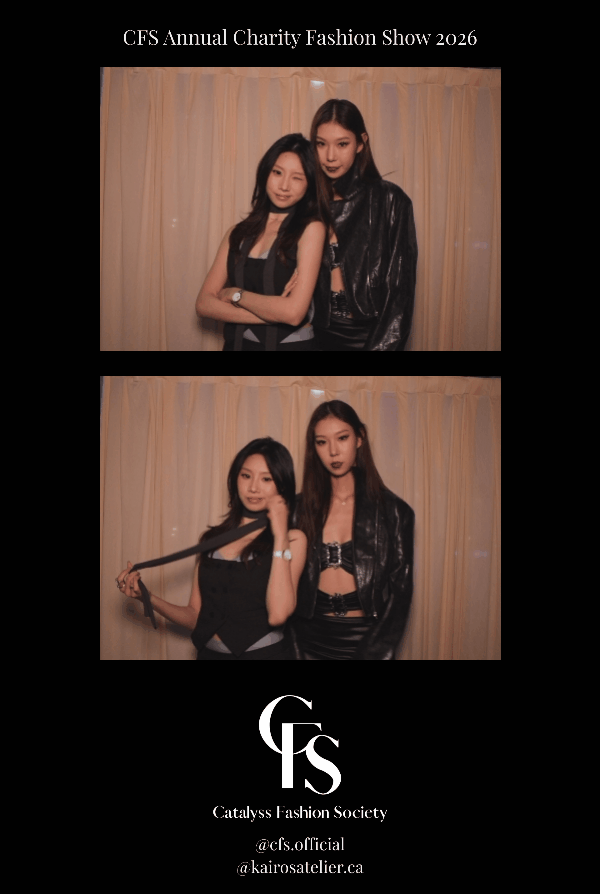 Two young women posing at the CFS Annual Charity Fashion Show 2026, one holding a whip and the other with arms crossed in front of beige curtains, with event details and social media handles at the bottom.