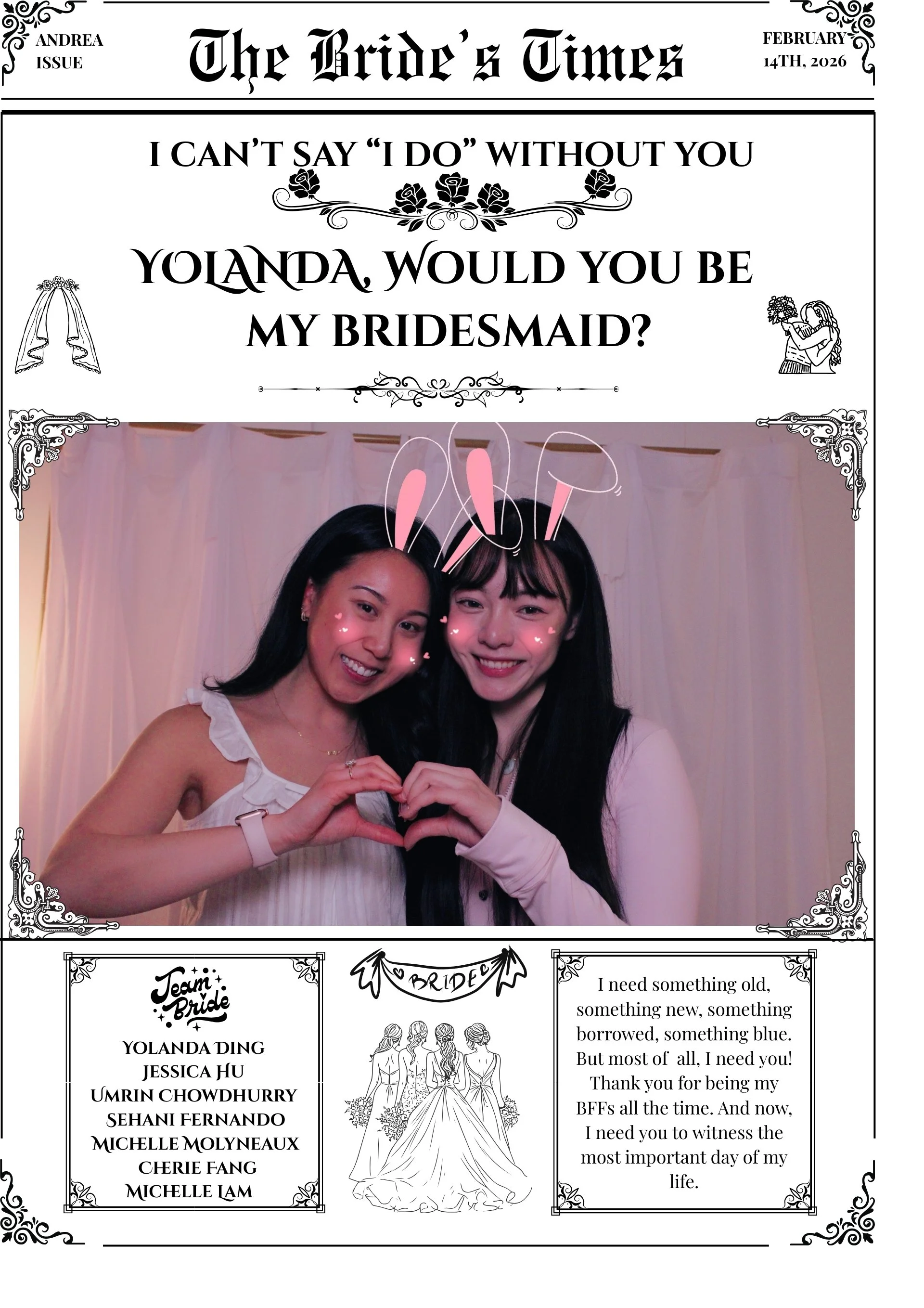 Front page of a wedding-themed magazine called "The Bride's Times" with a headline asking Yolanda to be the bride's maid. The page features a photo of two women smiling, making a heart shape with their hands, and wearing bunny ears with filters. The 