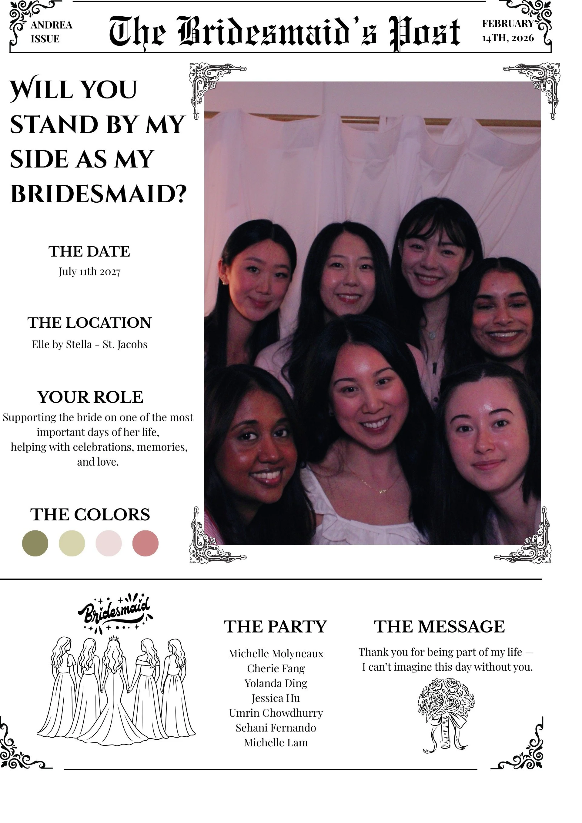 Wedding invitation featuring a photograph of a bride and groom in traditional Chinese wedding attire, standing under red lanterns and floral decorations.