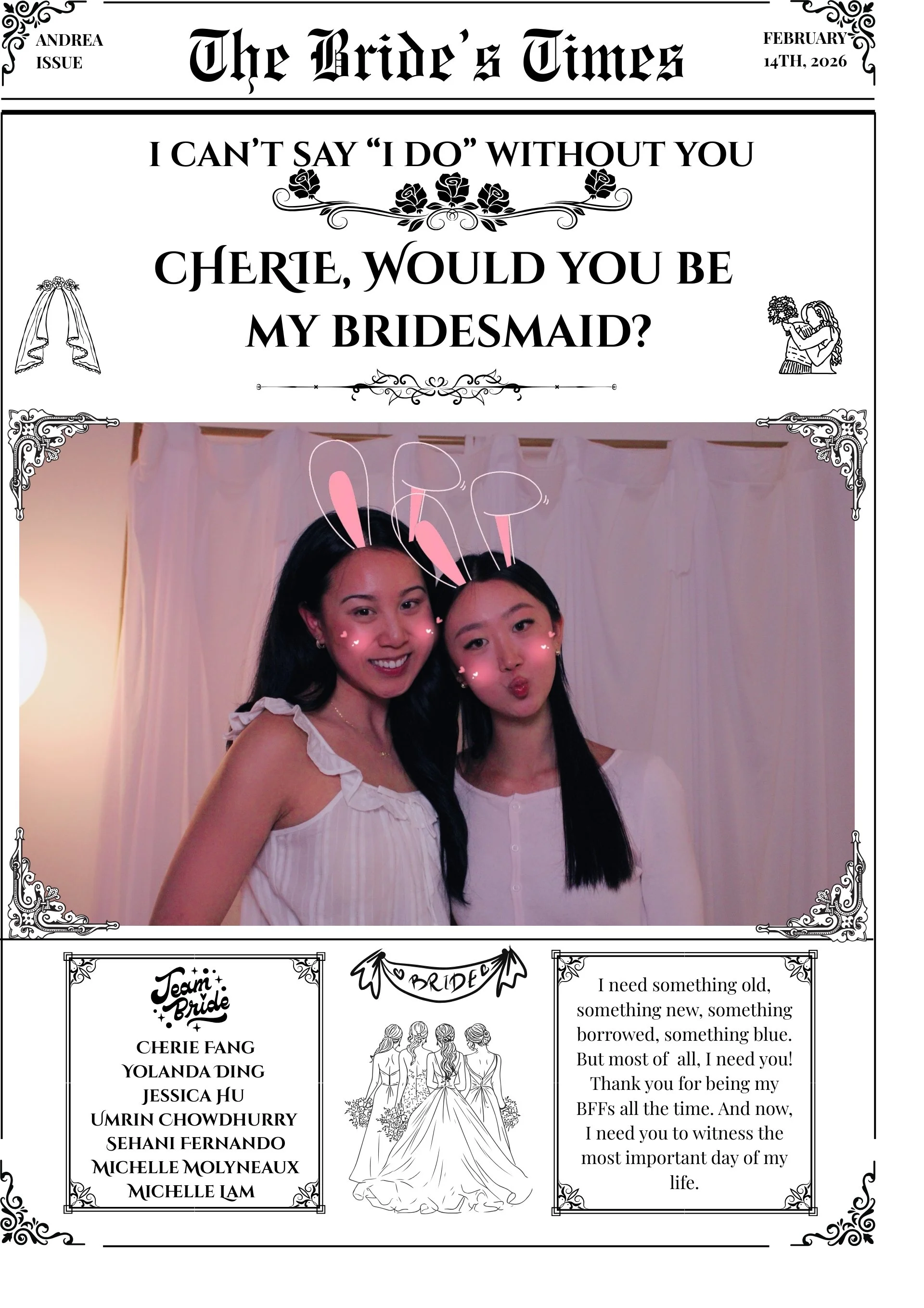 A wedding-themed page from a newspaper called 'The Bride's Times' featuring a photo of two women with digital bunny ears and pink cheeks. The headline asks if Cherie would be her bridesmaid, and the page includes illustrations of a bridal veil, embraces, and a bride. There's a list of bridesmaids' names, a drawing of three brides in wedding dresses, and a heartfelt message about friendship and the significance of the wedding day.