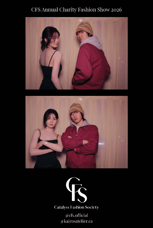 Two photos of young people at the CFS Annual Charity Fashion Show 2026. In the first, a young woman in a black dress stands next to a young man in a red jacket and tan beanie. In the second, they pose with folded arms, and the woman is wearing the same black dress. The background is a beige curtain, and there is a black banner at the bottom with the event's logo and details.