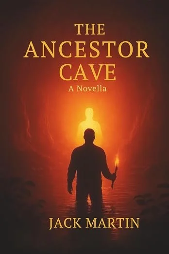 Book cover for 'The Ancestor Cave' by Jack Martin featuring a silhouette of a person holding a torch, standing in front of a glowing, cave-like background with a luminous figure.