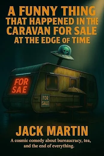 Book cover for 'A Funny Thing That Happened in the Caravan for Sale at the Edge of Time' by Jack Martin featuring a green caravan with an alien inside a flying saucer on top, and a 'For Sale' sign on the caravan.