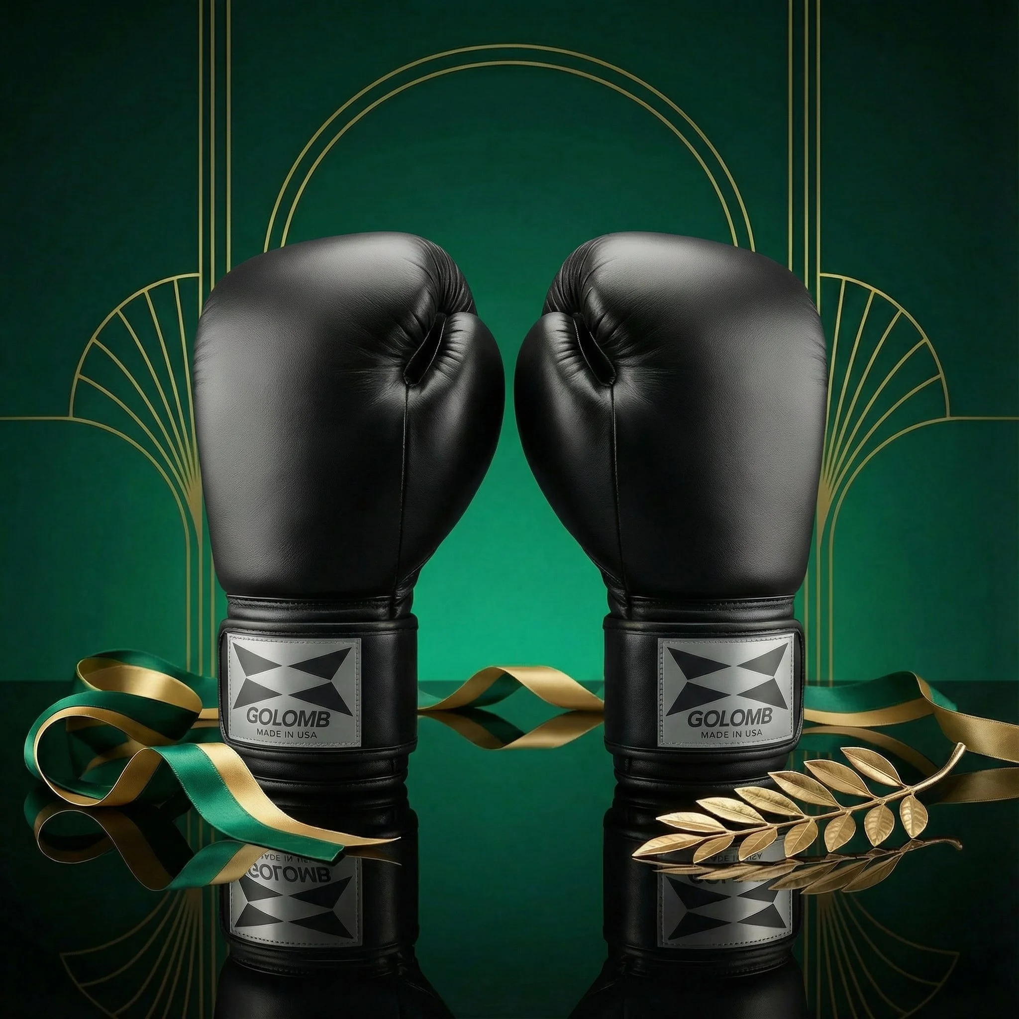 Pair of black boxing gloves with gold and green ribbons and a gold laurel on a reflective surface, with a green and gold decorative background.