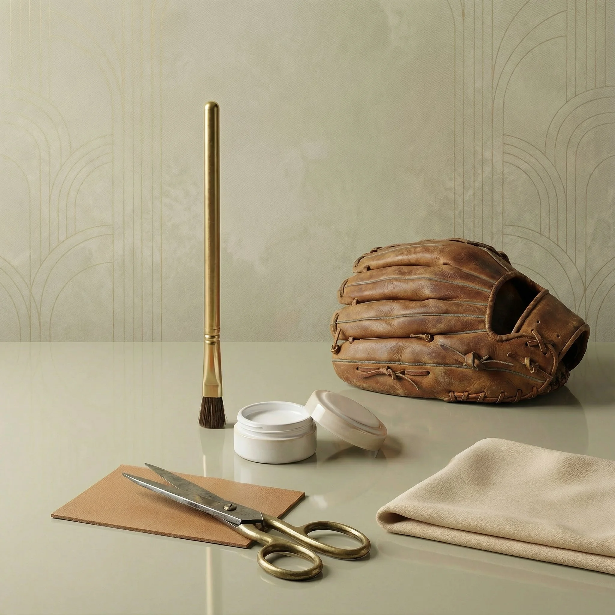 A vintage baseball glove, a closed container of white cream, scissors, fabric, a baseball bat, and a small brown notebook on a reflective surface with a patterned beige wall in the background.
