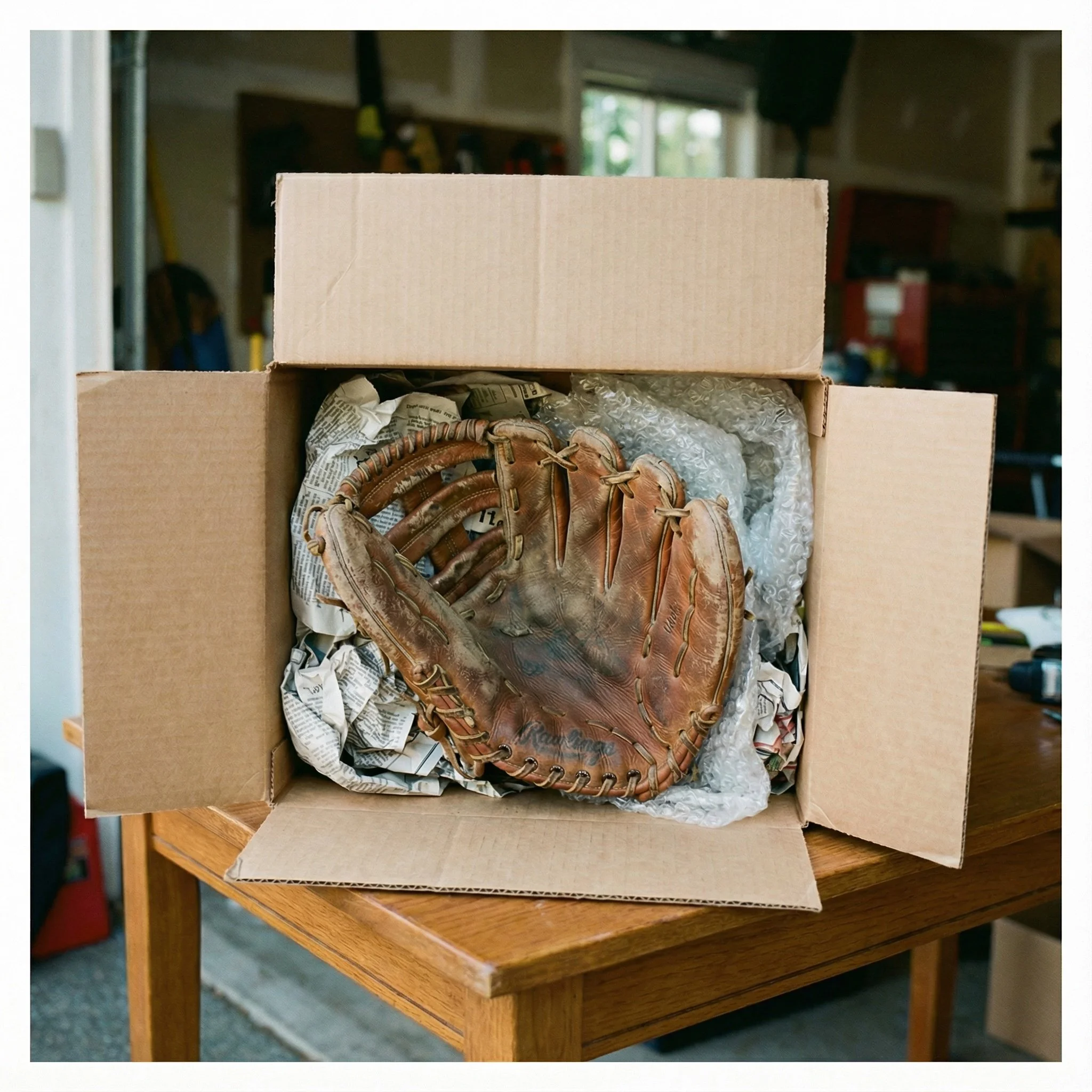 A worn, brown baseball glove inside an open cardboard box on a wooden table, with packing paper and bubble wrap surrounding it.