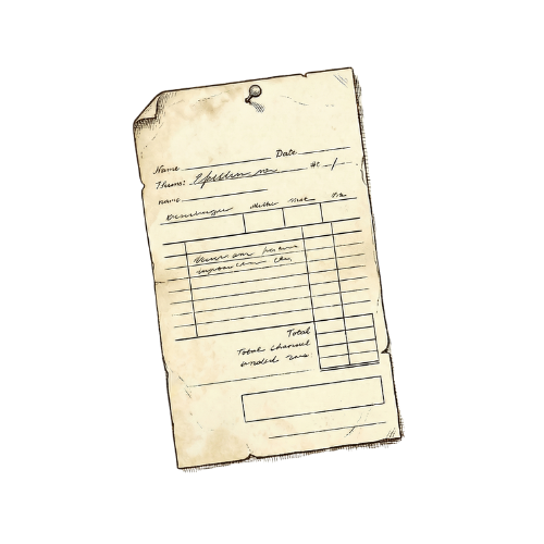 A worn, yellowed paper receipt with handwritten text and a metal clip at the top, containing columns for item names, quantities, and prices, with a handwritten total at the bottom.