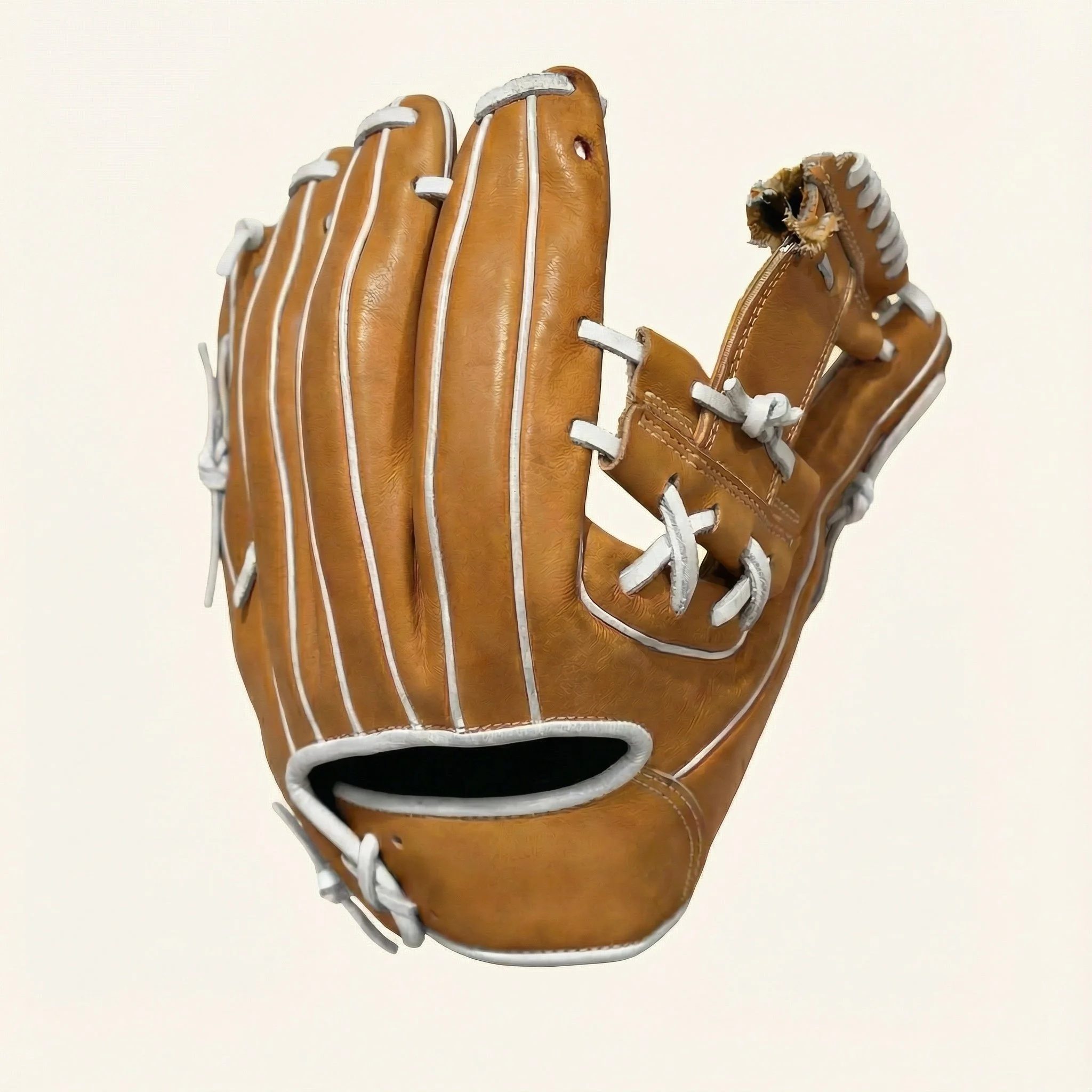 A vintage tan leather baseball glove with white laces and stitching, positioned against a plain white background.