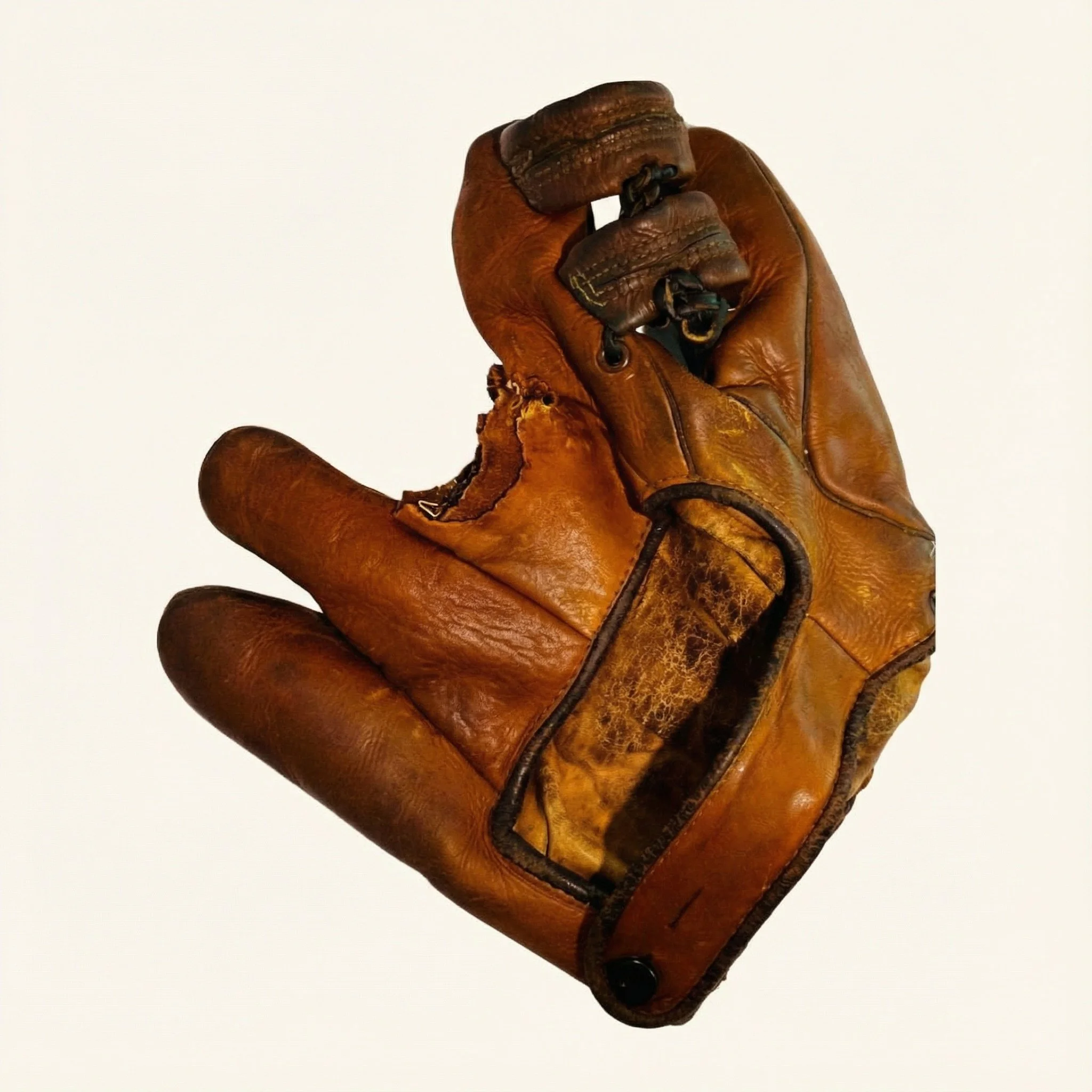 Close-up of a worn, brown leather baseball glove.
