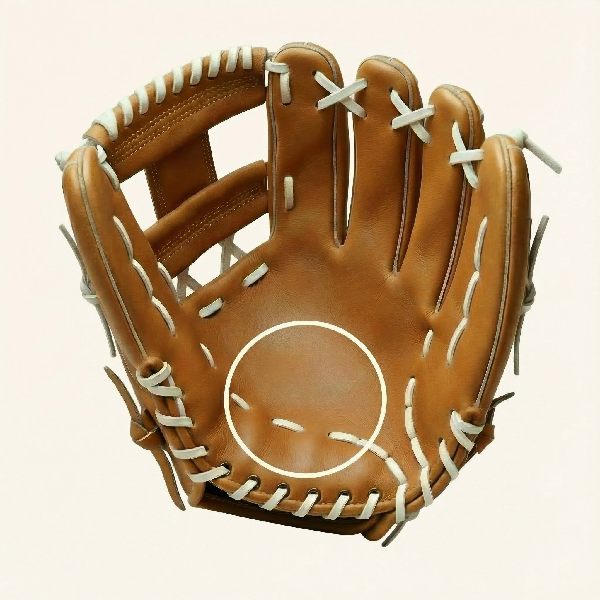 A brown leather baseball glove with white laces, positioned upright against a white background.