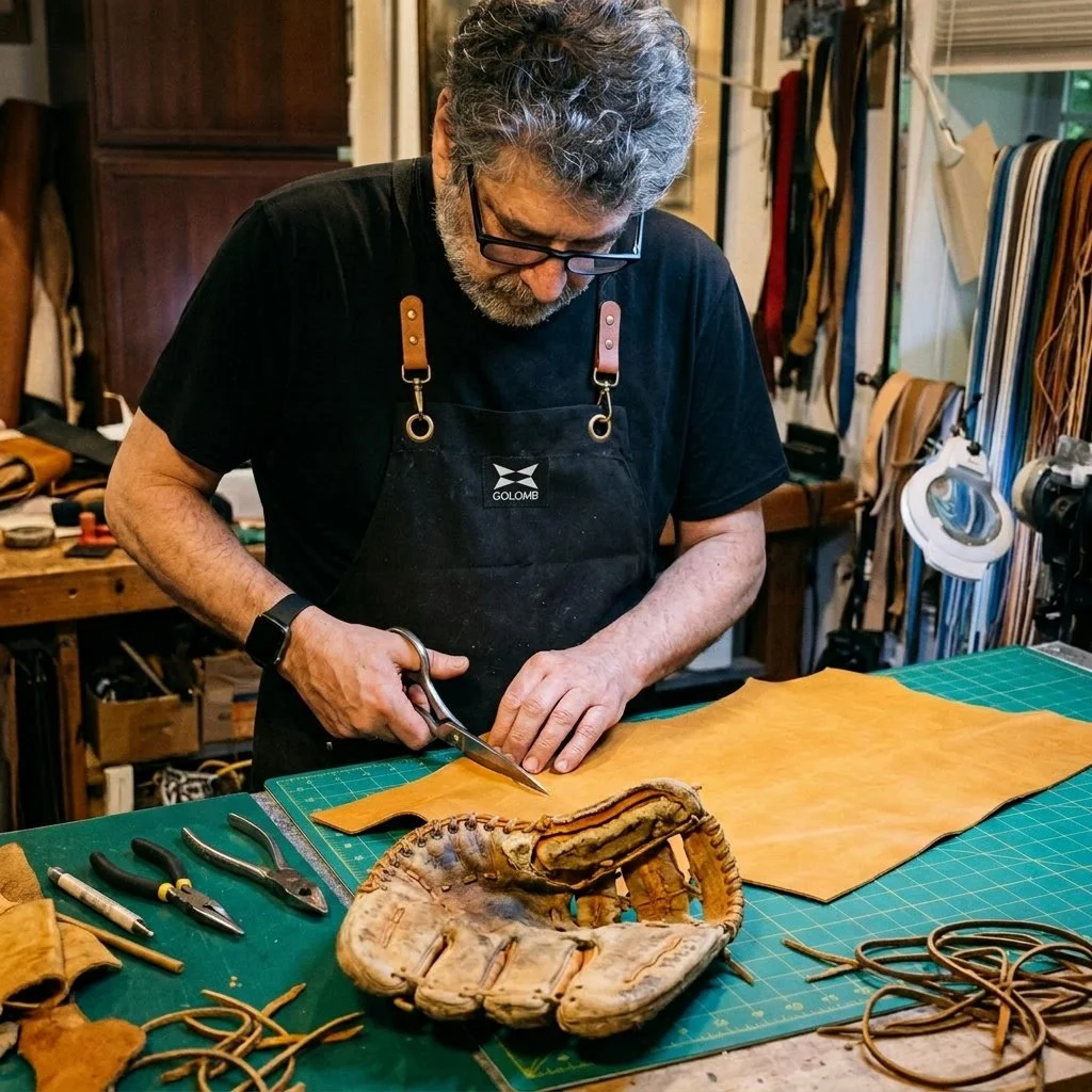 John Golomb working on a baseball glove restoration