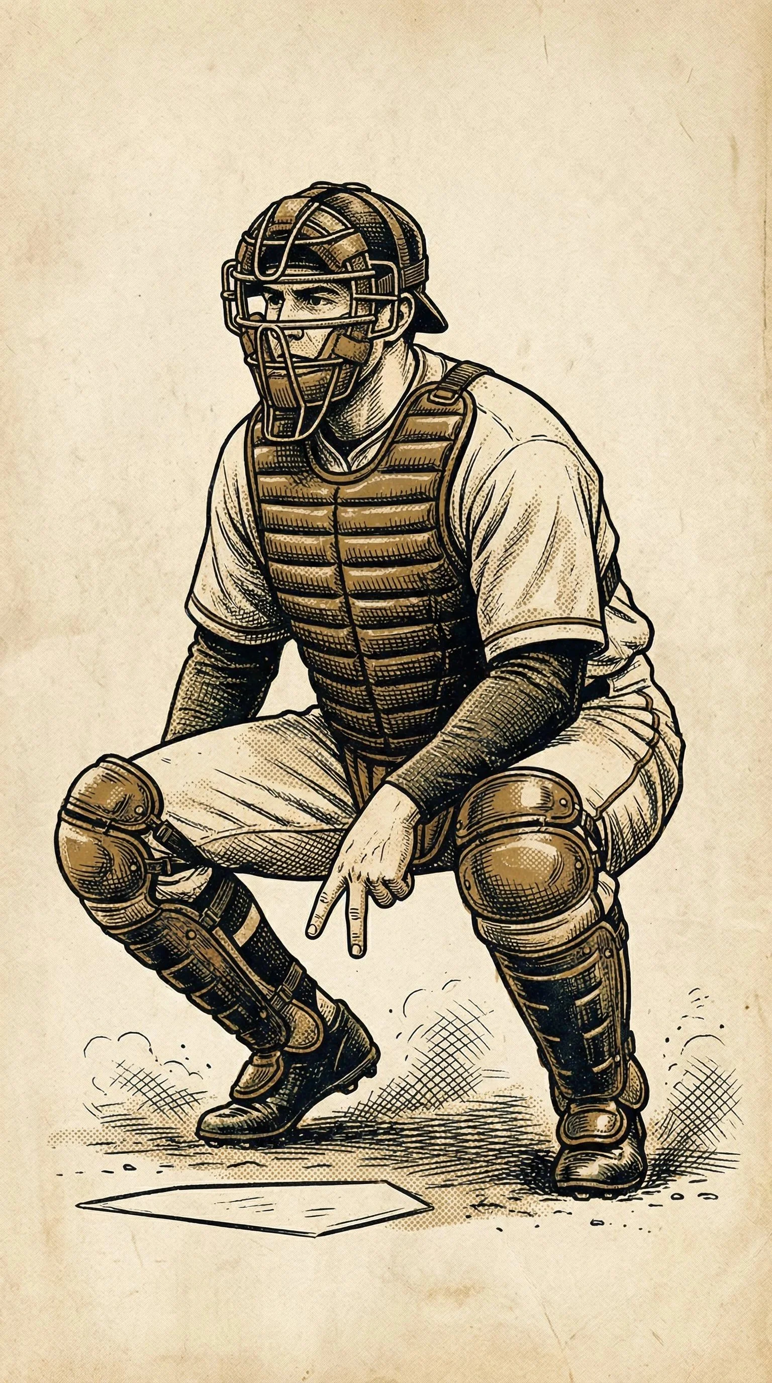 An illustration of a baseball catcher squatting, wearing a helmet, mask, chest guard, and shin guards, with one hand resting on their knee and the other making a peace sign.