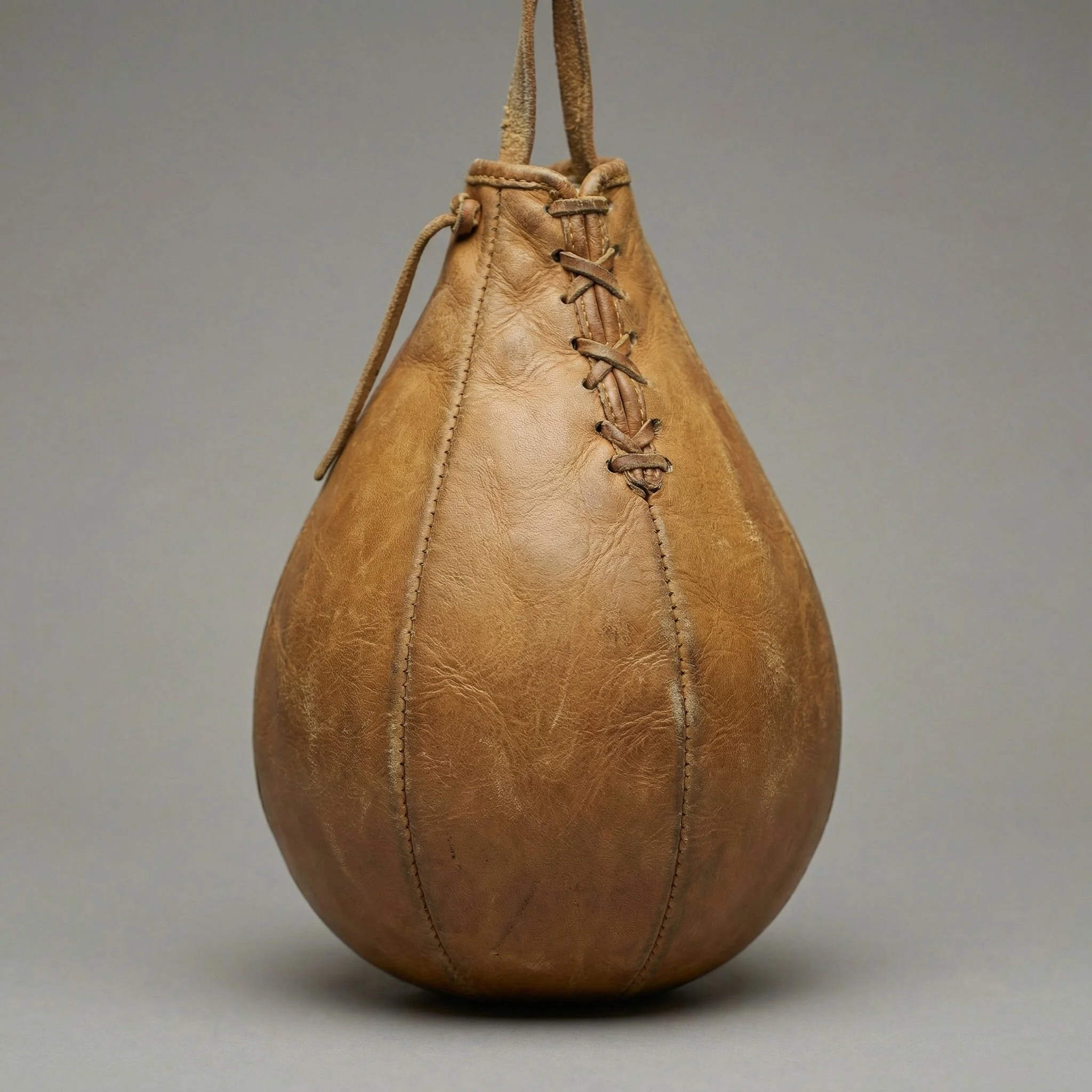 A brown leather baseball glove with white laces, positioned upright against a white background.