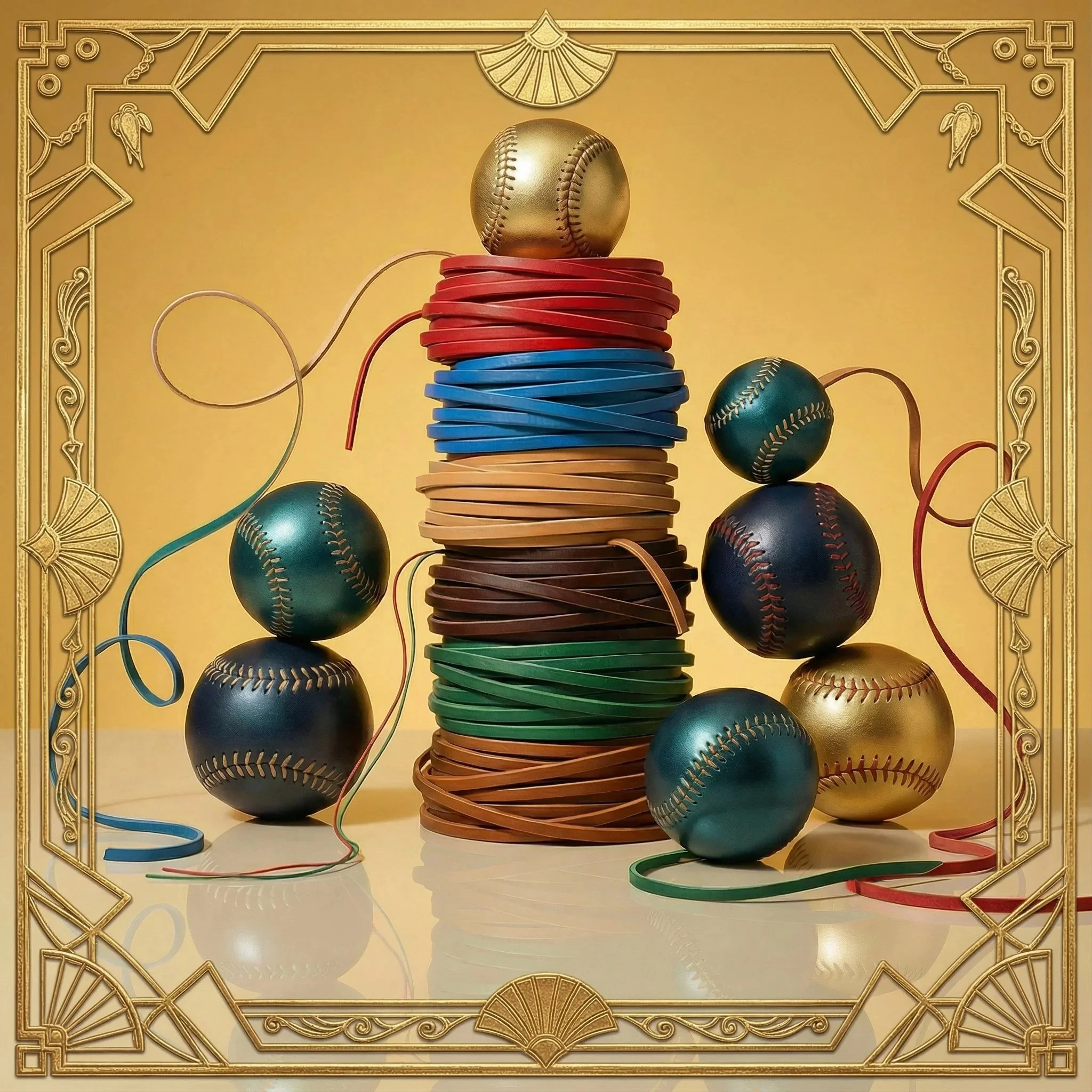 Stacked colorful rubber bands with metallic baseballs on top and around, set against a yellow background with a decorative gold frame.