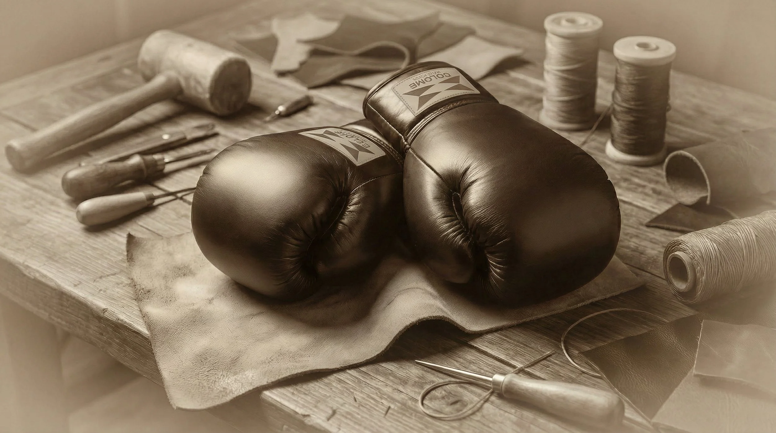 A pair of boxing gloves on a worktable surrounded by leatherworking tools, spools of thread, and leather pieces, illuminated by warm light.