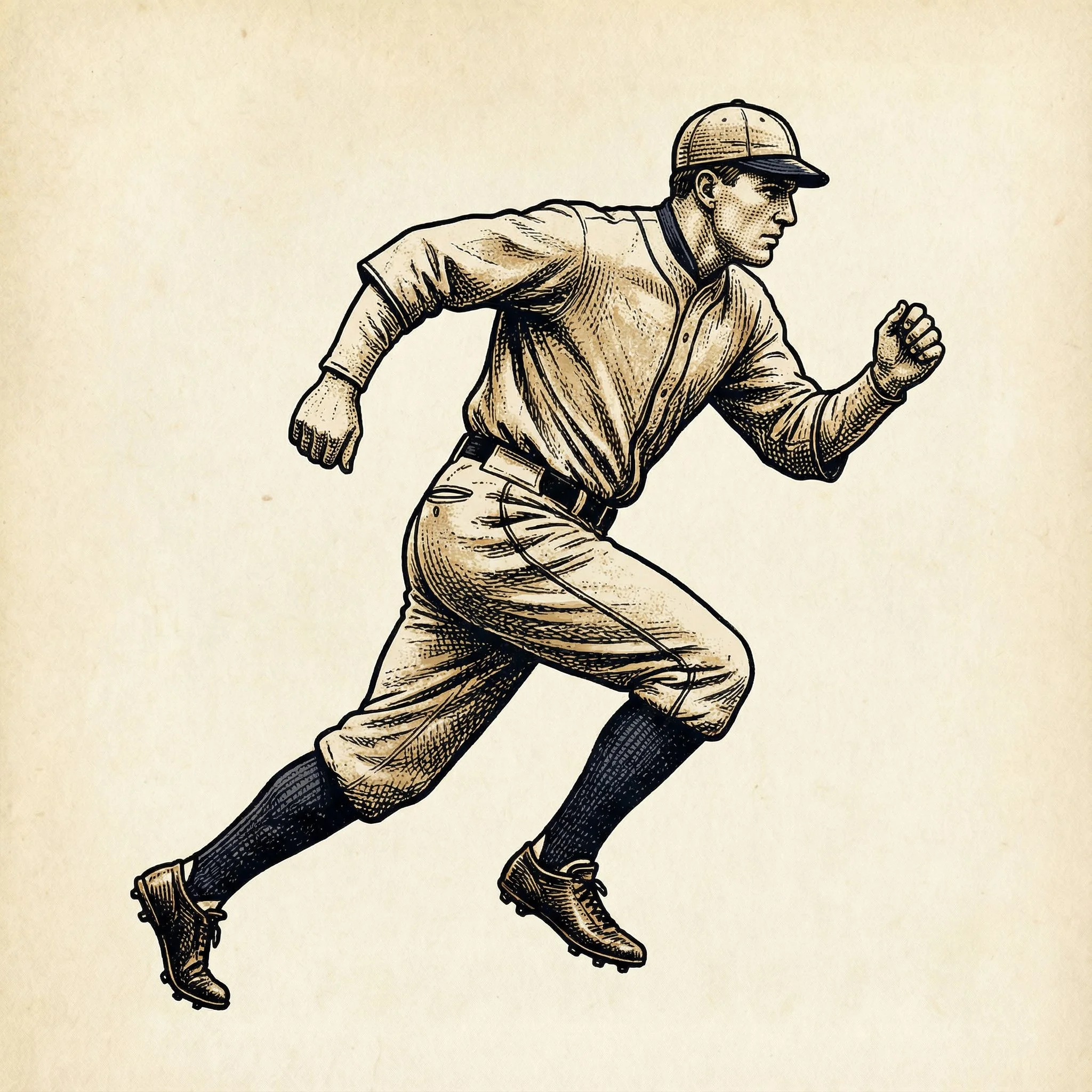 Vintage-style illustration of a baseball player running, wearing a cap, jersey, pants, and cleats.