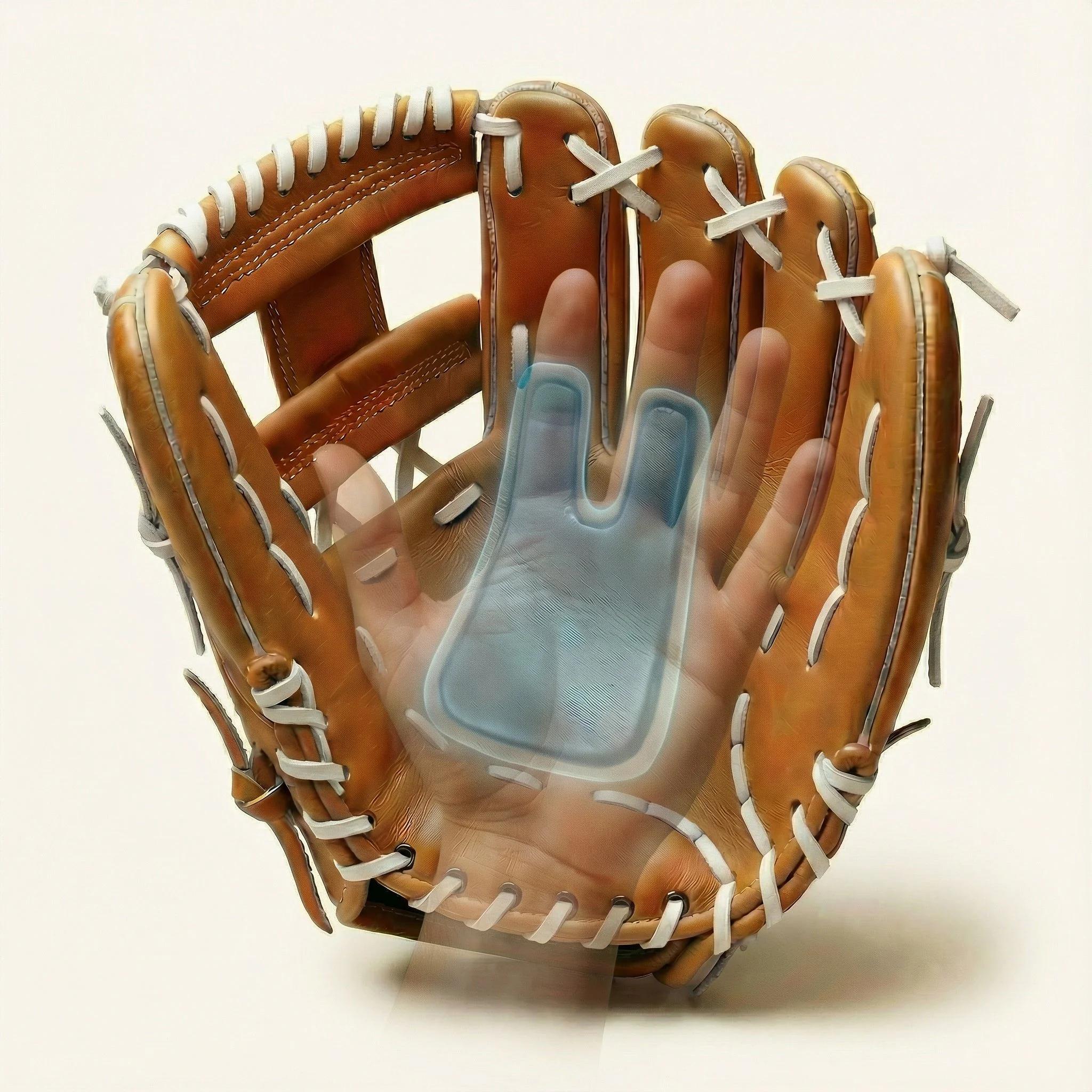 A baseball glove with a transparent hand-shaped hologram layered over it.