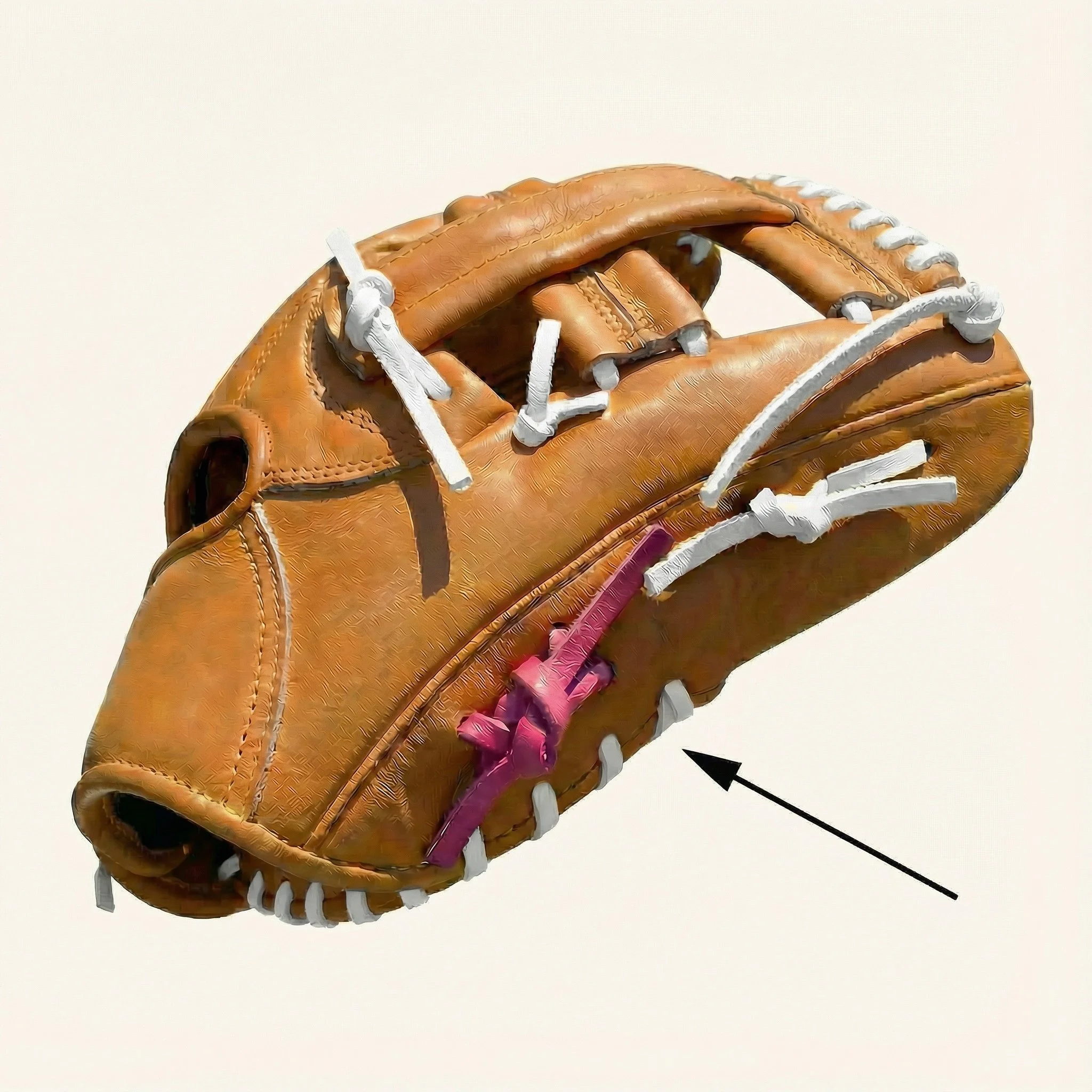 A baseball glove designed to look like a baseball with white and purple stitches, against a plain background.