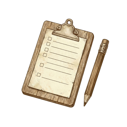 A clipboard with checkboxes and lines for notes, accompanied by a pen, on a dark background.