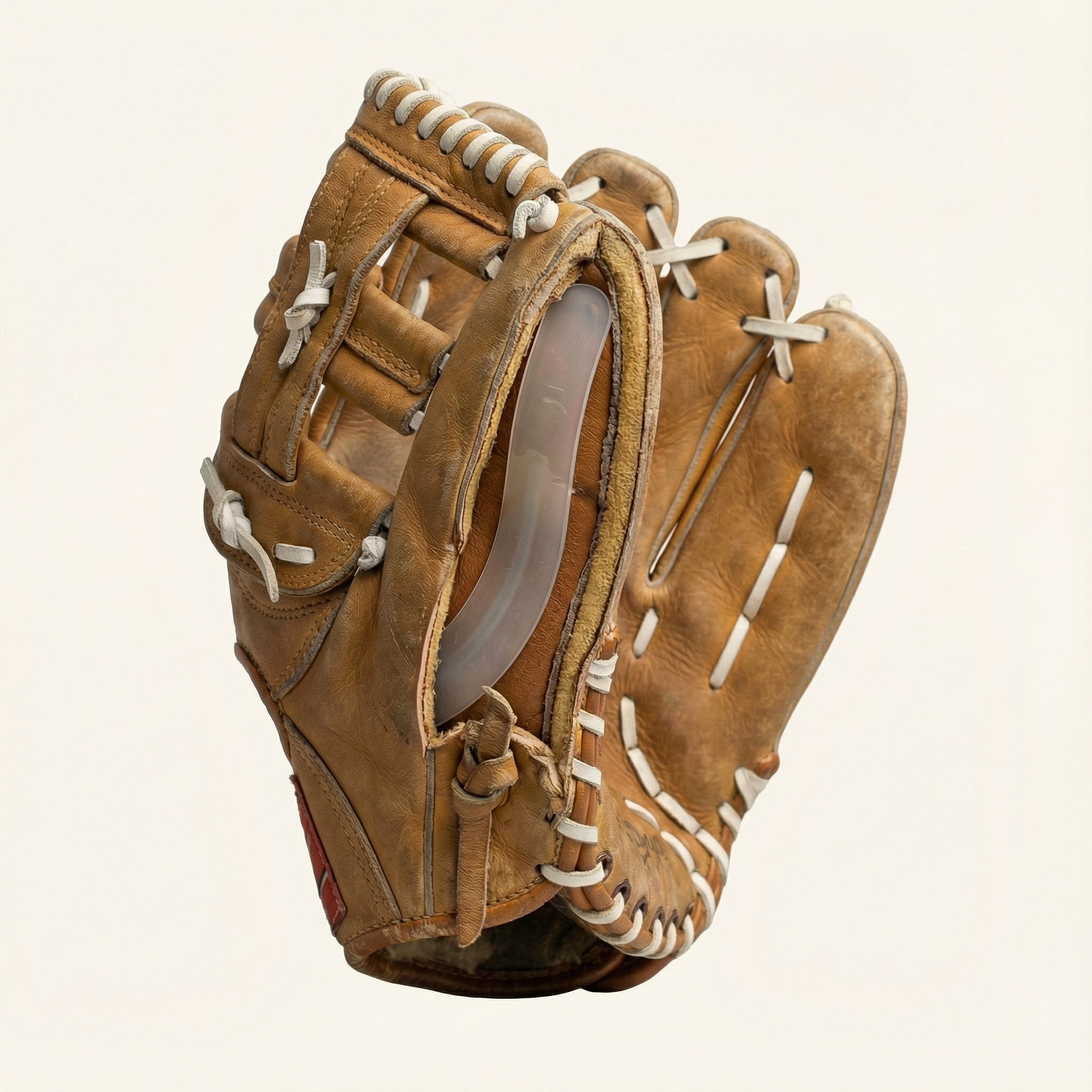 A worn brown leather baseball glove with white laces, holding a baseball inside the pocket, against a plain white background.